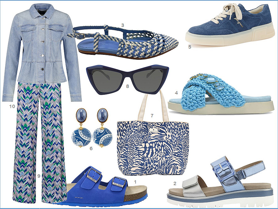 Espadrilles, Sneaker und Sandalen in Himmelblau, Azur und Marine, abgestimmt mit passenden Accessoires für einen frischen Sommerstil.