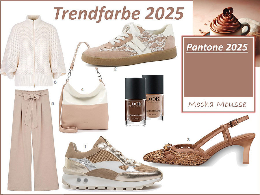 Schuhe, Taschen und Mode in warmen Brauntönen – elegante Sandaletten und Sneaker mit passender Accessoire-Auswahl.